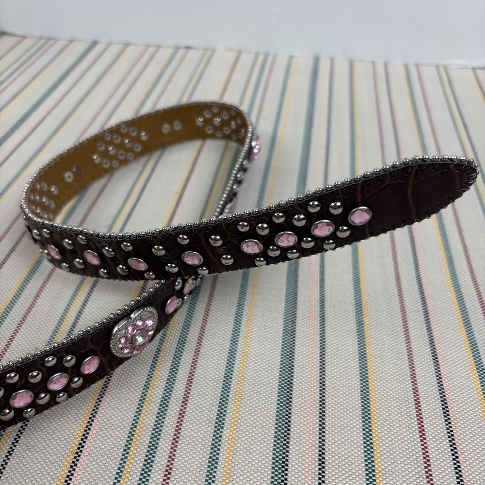 Nocona Womens Western Brown Leather Belt Wide 28in Pink Hearts BUCKLE READY GC